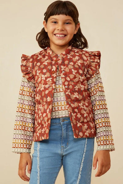 Fall Floral Ruffle Trim Puffer Vest