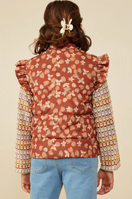 Fall Floral Ruffle Trim Puffer Vest