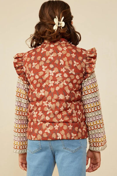 Fall Floral Ruffle Trim Puffer Vest