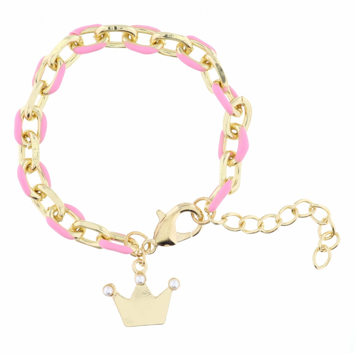 Pink Enamel Chain Gold Crown Mini Pearl Points Bracelet