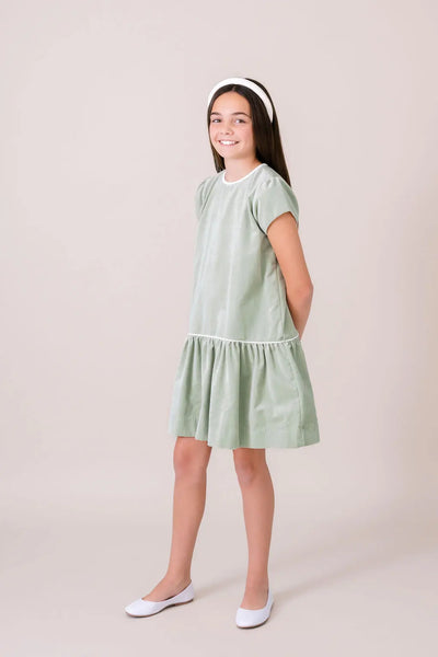 Delilah Dropwaist Dress Leyland Green Velvet, Winter White Velvet