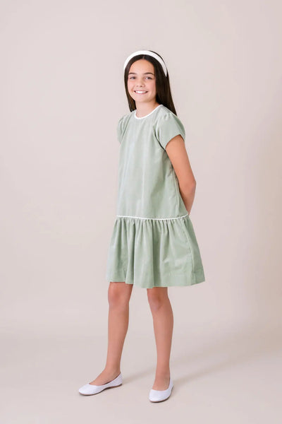 Delilah Dropwaist Dress Leyland Green Velvet, Winter White Velvet