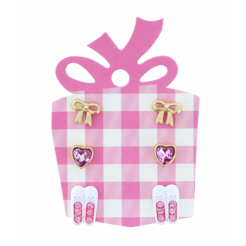 Gold Bow, Pink Crystal Heart, Ballet Shoes Earrings Set