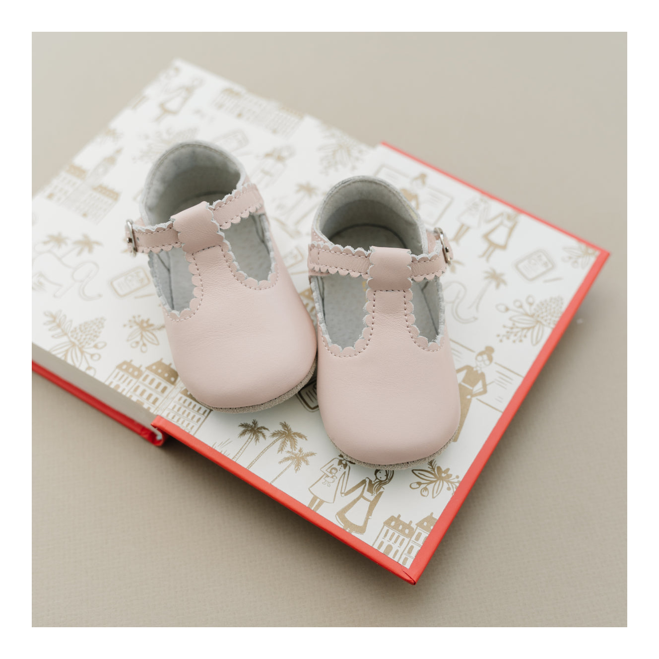 Elodie Girls Scalloped T Strap Mary Jane Crib Shoe Pink