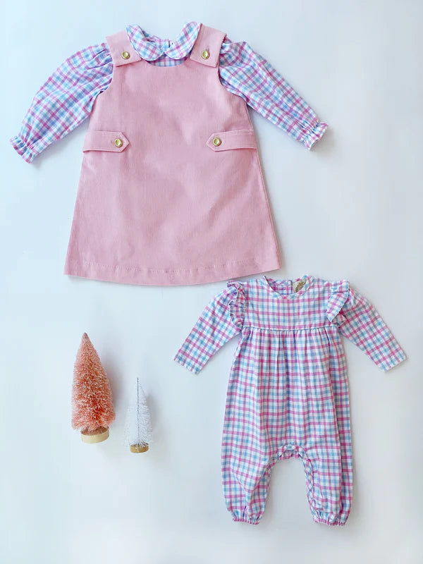 Leigh Ann Angel Sleeve Romper Barrington Blue & Hamptons Hot Pink Gingham (Flannel)