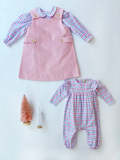 Leigh Ann Angel Sleeve Romper Barrington Blue & Hamptons Hot Pink Gingham (Flannel)