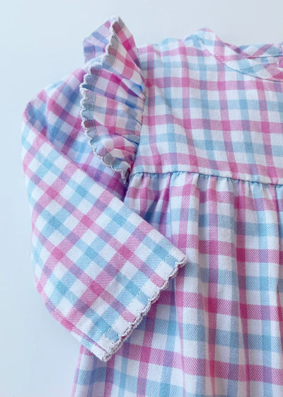 Leigh Ann Angel Sleeve Romper Barrington Blue & Hamptons Hot Pink Gingham (Flannel)