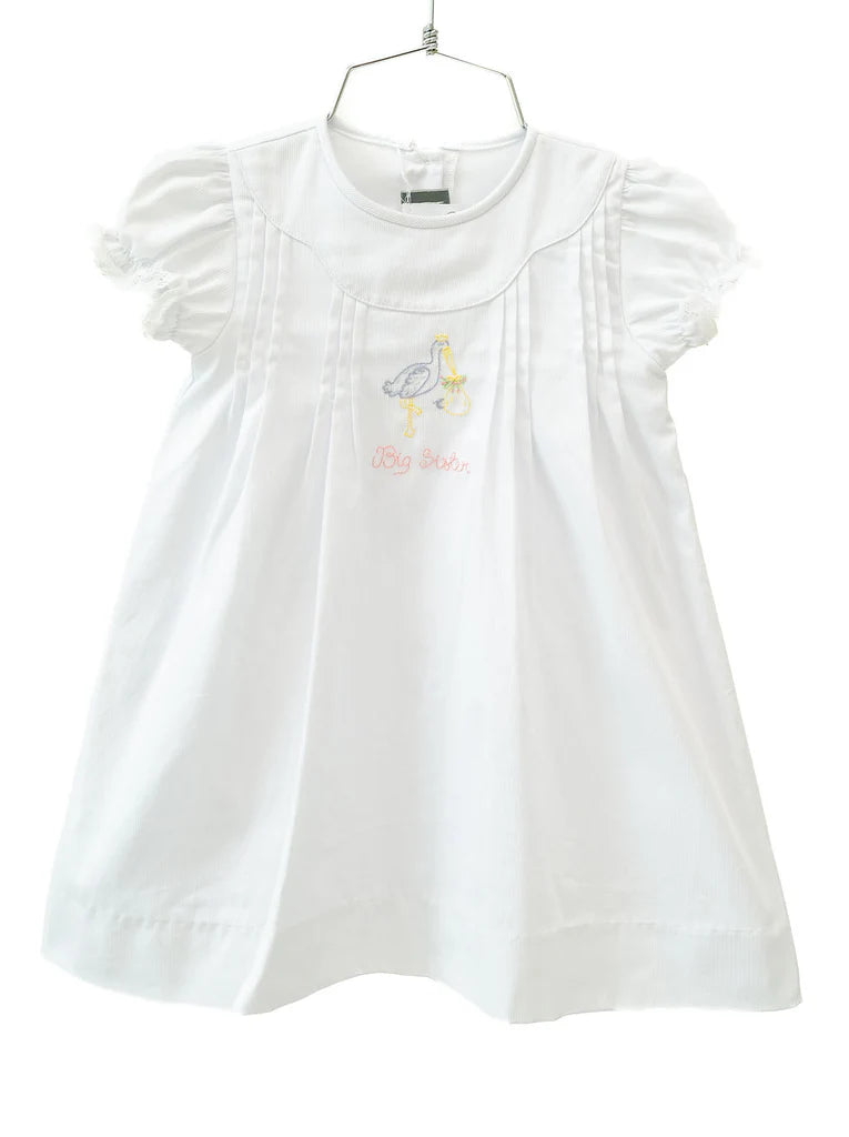 White Big Sister Stork Embroidered Dress