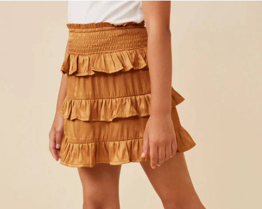 Shimmery Ruffle Tiered Smocked Waist Skirt Camel
