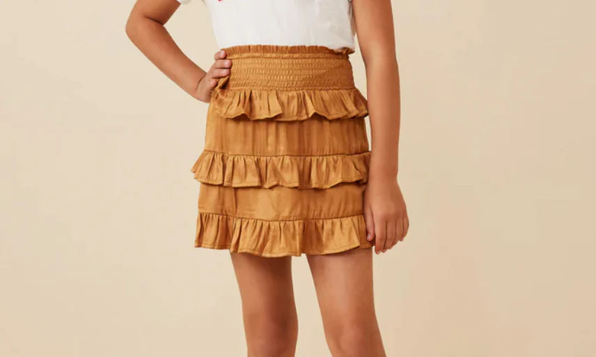 Shimmery Ruffle Tiered Smocked Waist Skirt Camel