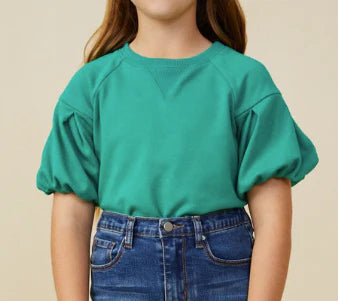 Box Pleat Puff Sleeve French Terry Top Kelly Green