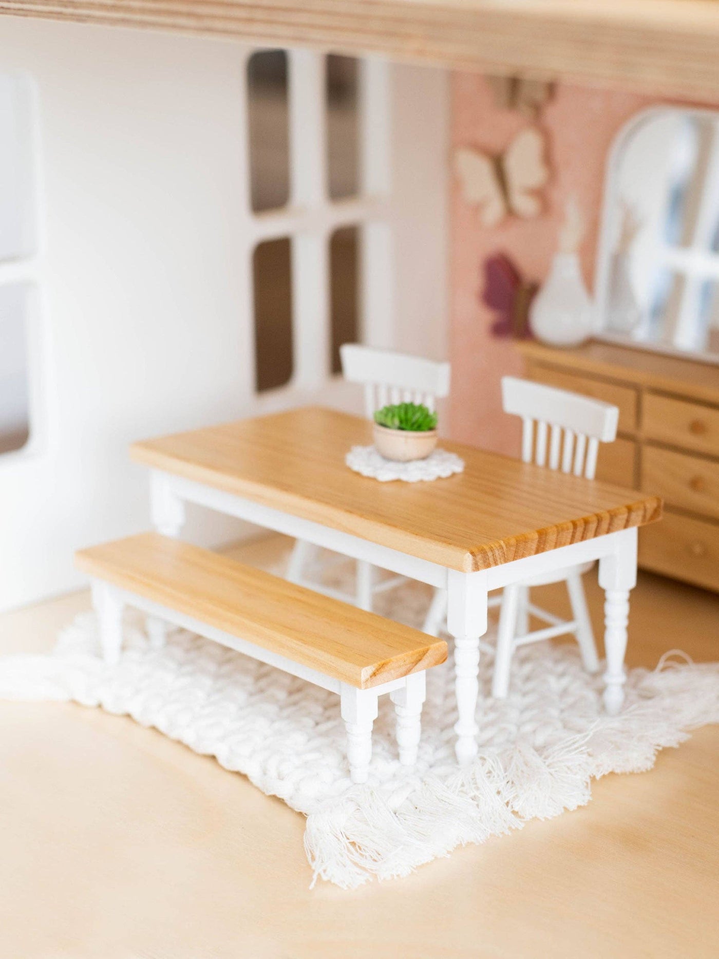 Dollhouse Farm Style Dining Table | Natural Wood & White