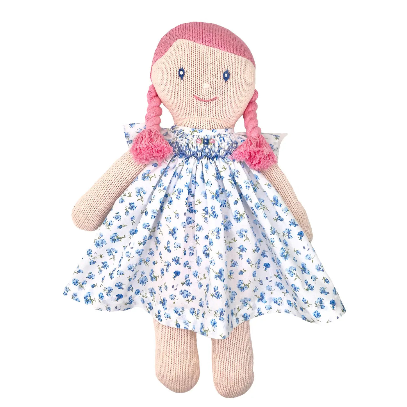 Knit Girl Doll w/ Blue Floral Smocked Dress