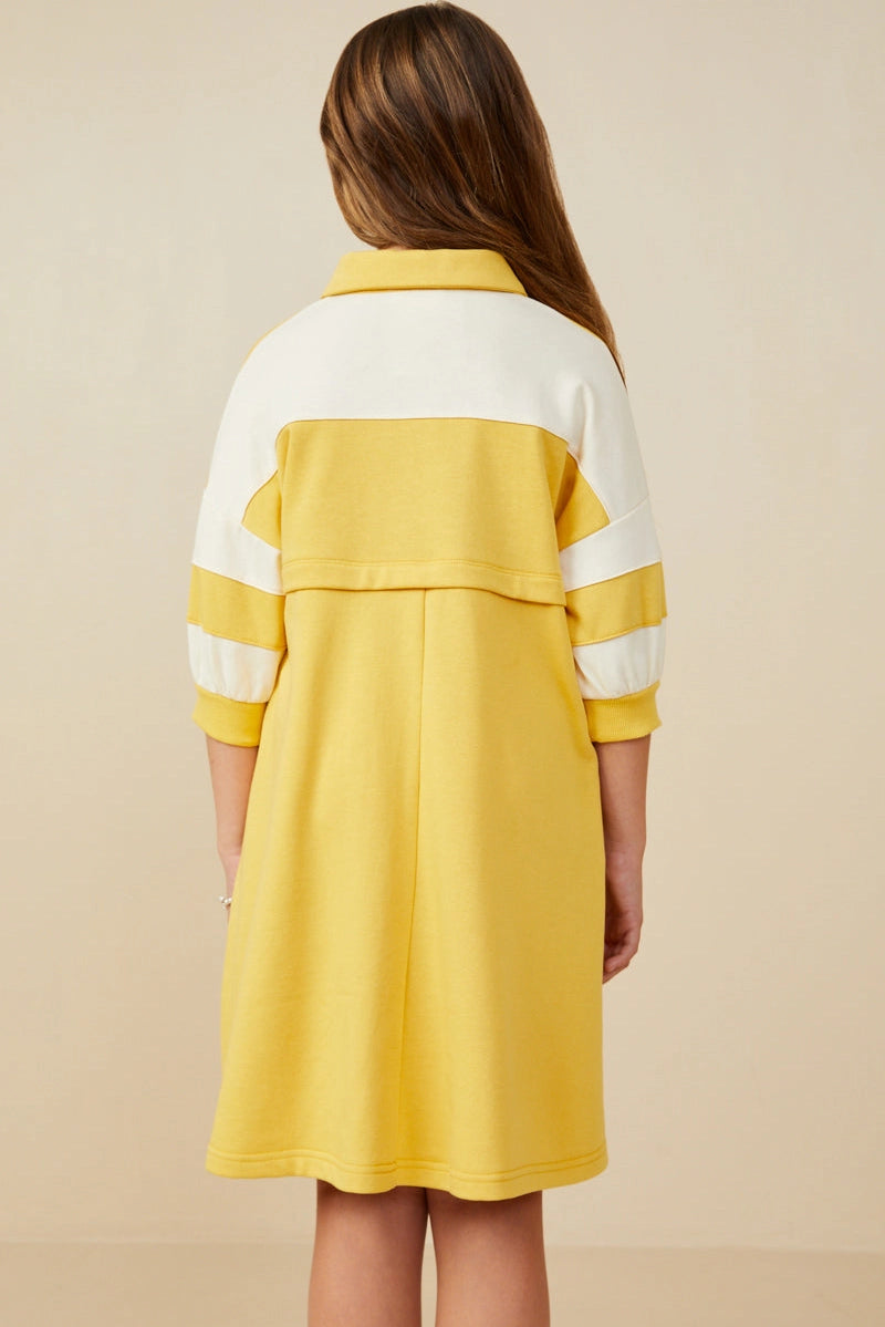 Colorblock Sleeve Collared French Terry Dress Yellow