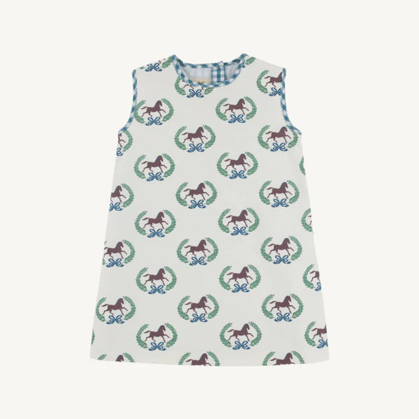 Annie Apron Dress Highland Horses, Barnsley Blue Gingham