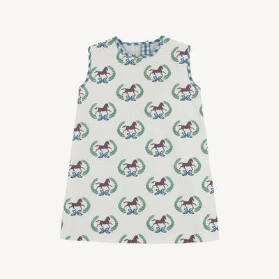 Annie Apron Dress Highland Horses, Barnsley Blue Gingham