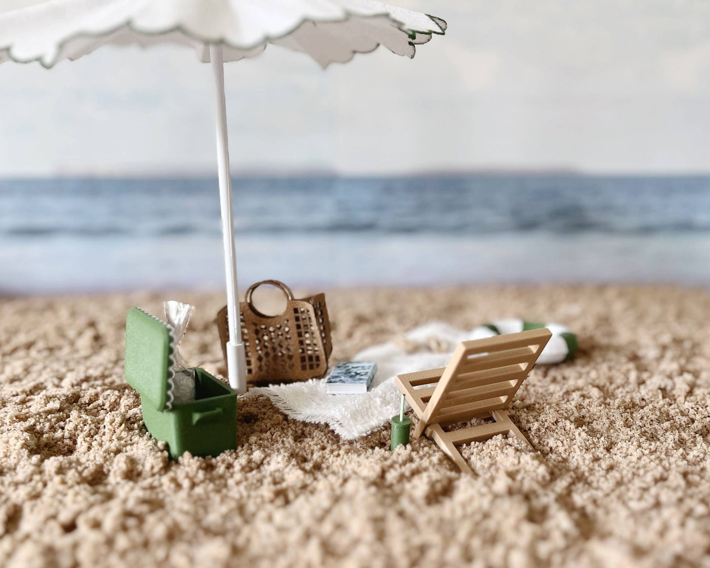 Dollhouse Beach Set: Umbrella, Towel, Floaty & Cooler