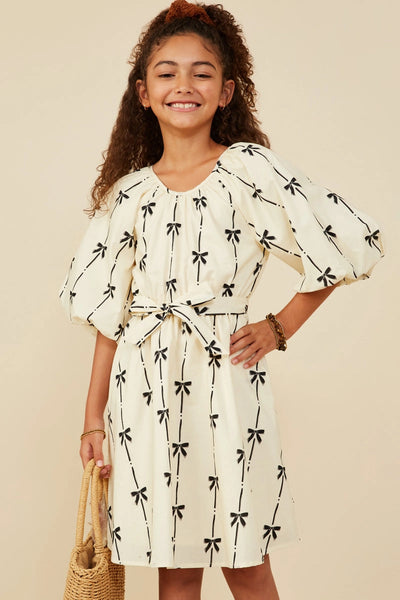 All Over Bow Print Belted Dress Ivory