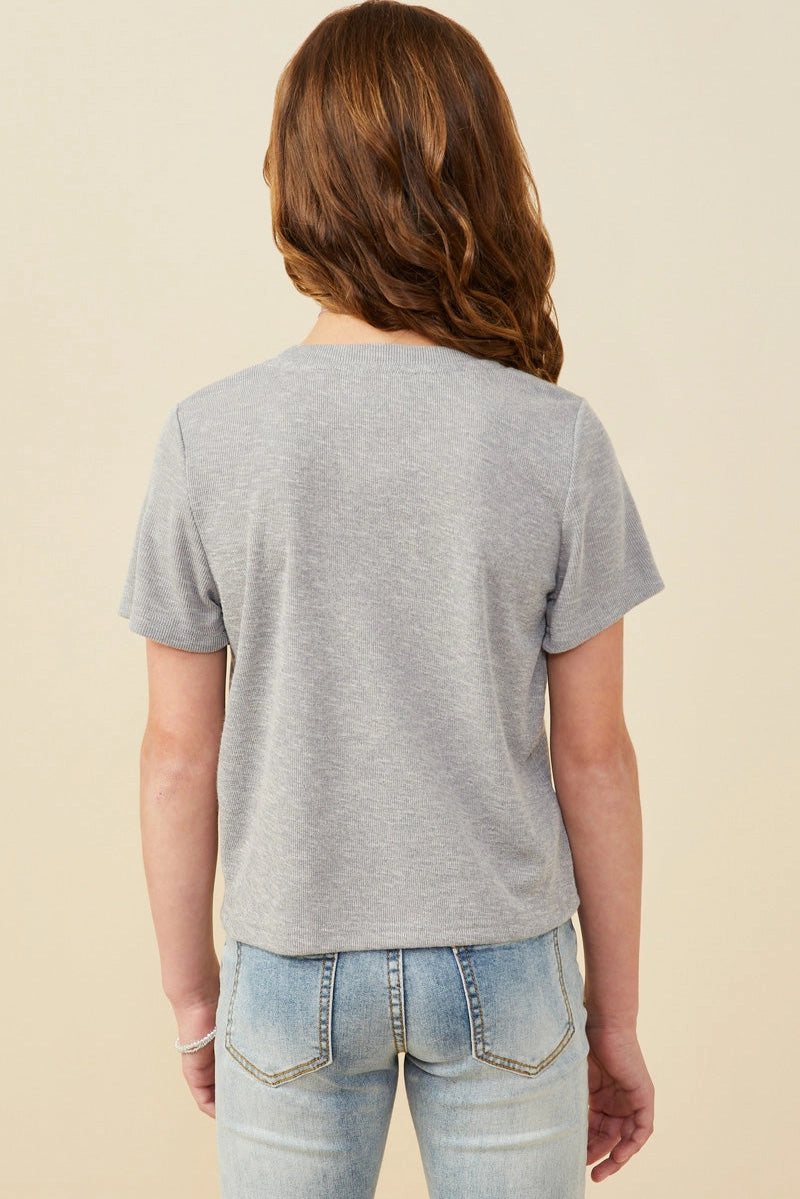 Pearl Detailed Bow Patch Knit T Shirt Heather Grey