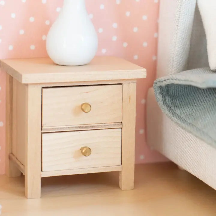 Dollhouse Bedside Table w/ Drawers - Wood w/ Gold Knobs