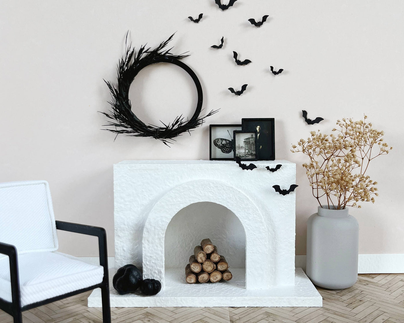 Modern Miniature Dollhouse Fireplace: White Stucco