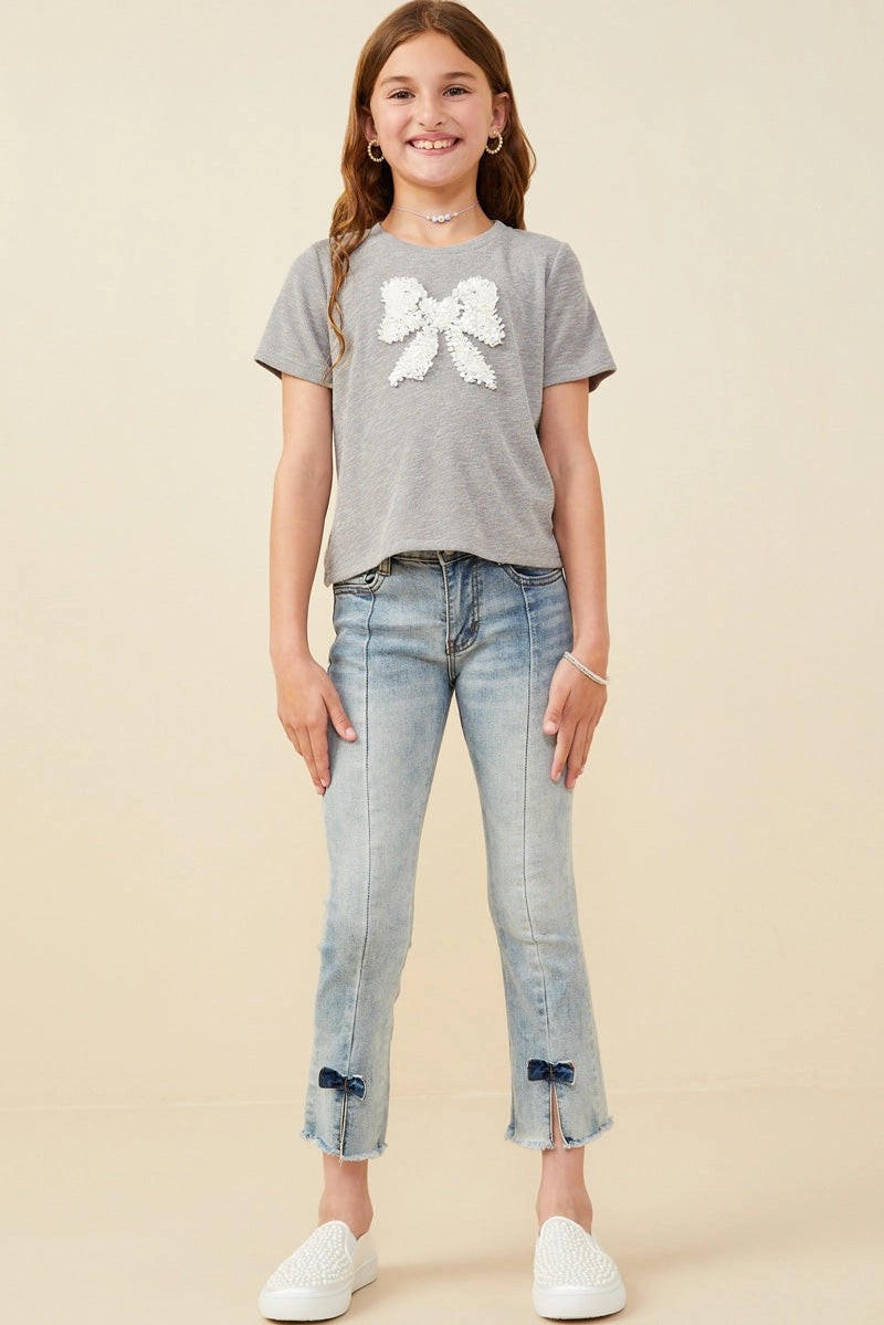 Pearl Detailed Bow Patch Knit T Shirt Heather Grey
