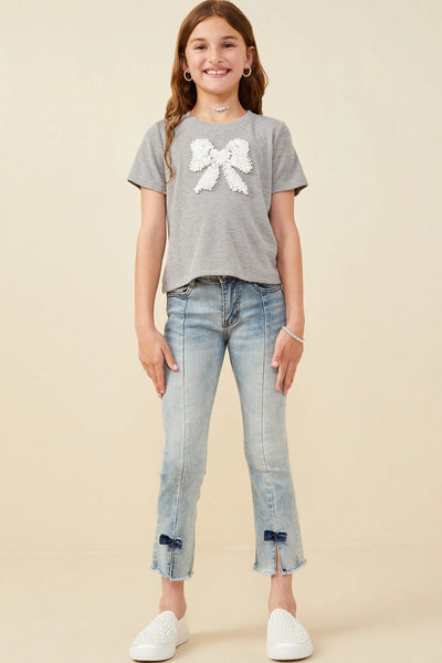 Pearl Detailed Bow Patch Knit T Shirt Heather Grey
