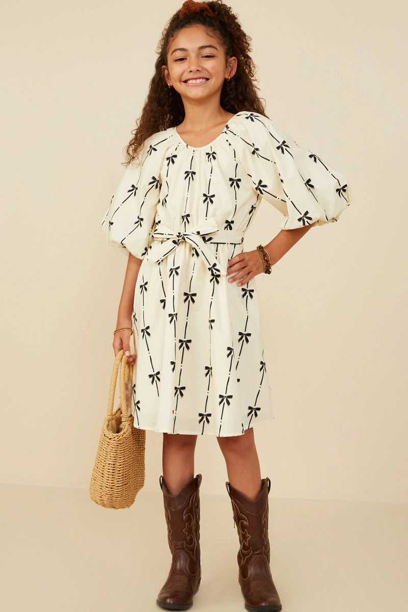 All Over Bow Print Belted Dress Ivory