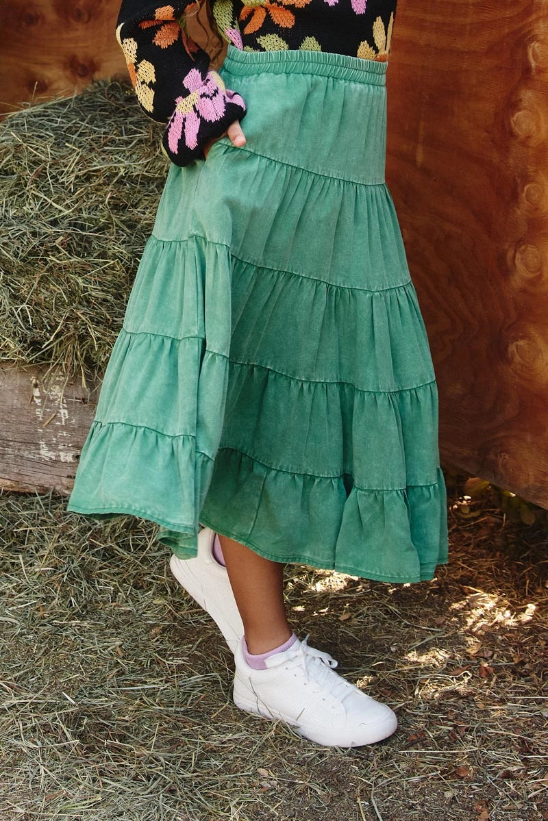 Two Tone Washed Tiered Skirt Green