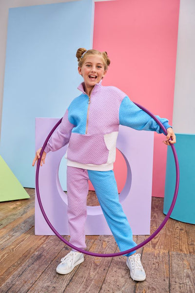 Color Block Pullover Lavender & Blue Quilted Trellis