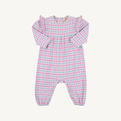 Leigh Ann Angel Sleeve Romper Barrington Blue & Hamptons Hot Pink Gingham (Flannel)