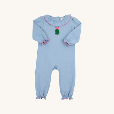 LS Ramona Ruffle Romper Barrington Blue with Christmas Tree Embroidery