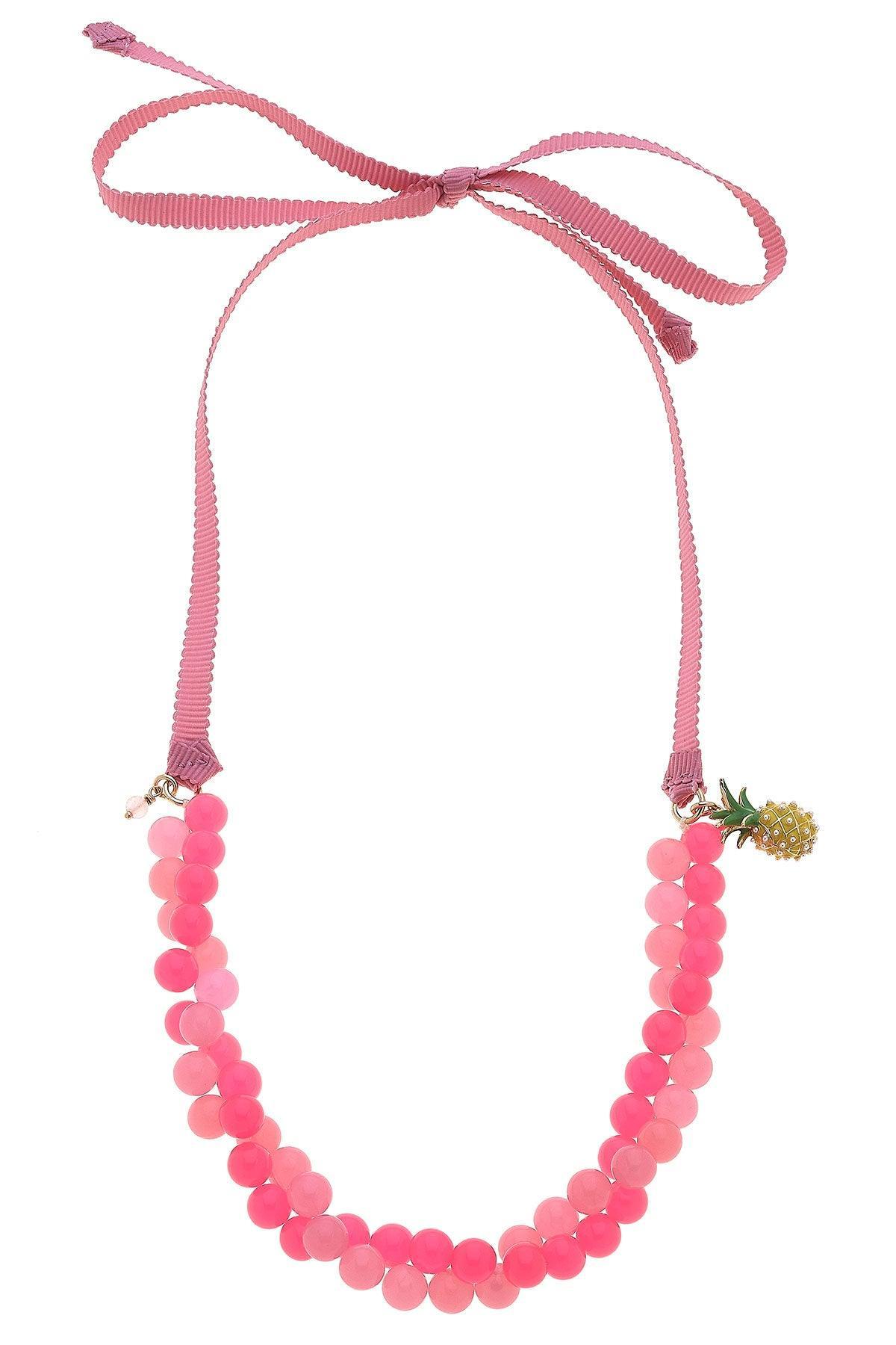 Melody Pineapple Charm Beaded Ribbon Children's Necklace Fuchsia & Pink