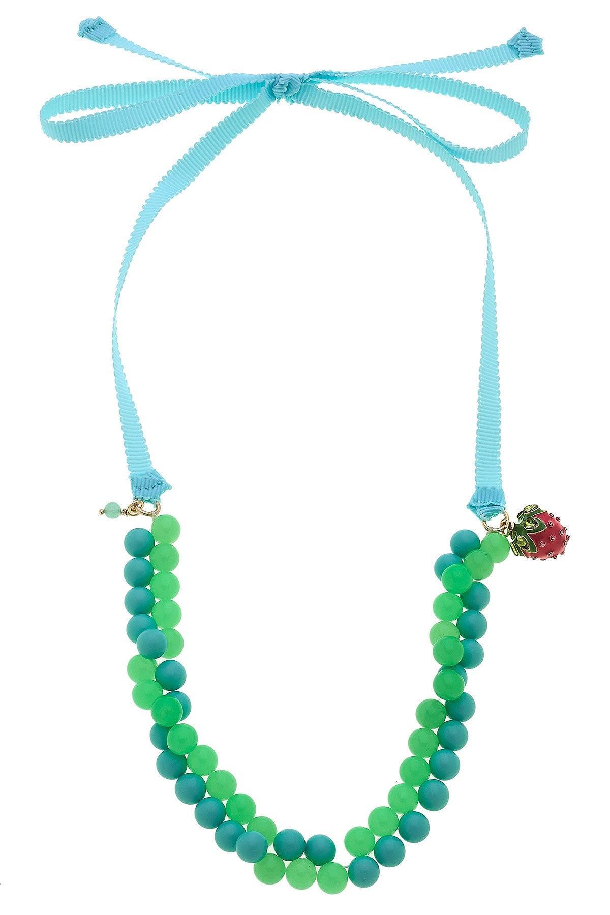 Melody Strawberry Charm Beaded Ribbon Children's Necklace Green & Aqua