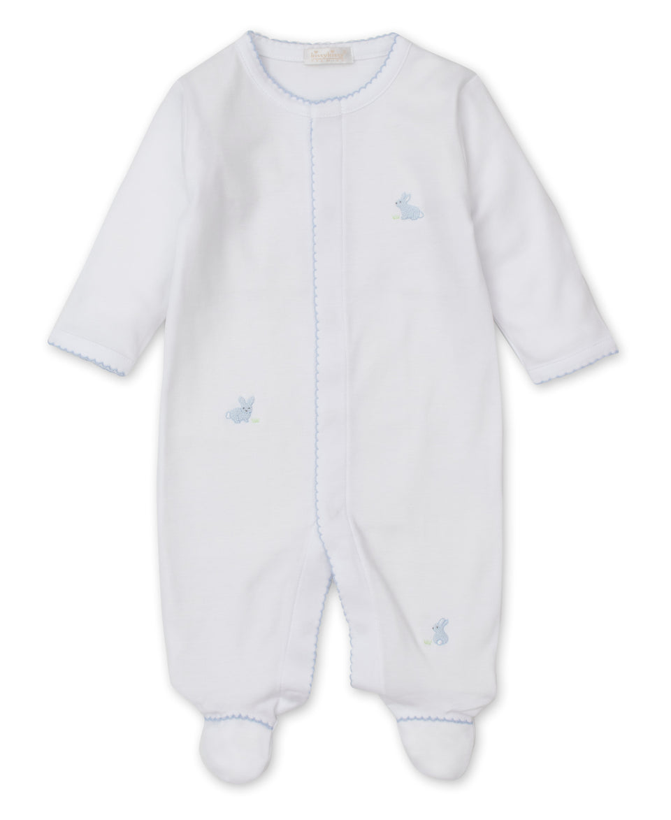 Embroidered Bunches of Bunnies Footie White with Blue