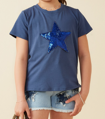 Sequin Star Patch Knit T Shirt Navy