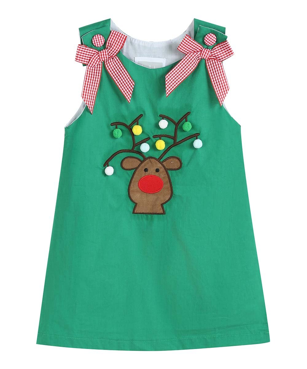 Green Swing Dress with Pompom Reindeer