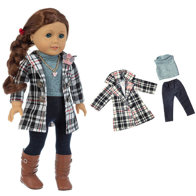 18" Doll Black/White/Red Plaid Jacket 3 PC Set