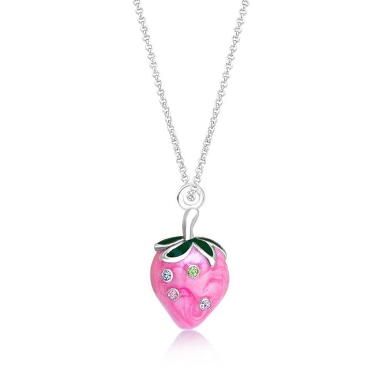 White Gold Necklace w/ Pink Strawberry Pendant
