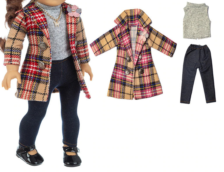 18" Doll Khaki Plaid Jacket 3 PC Set