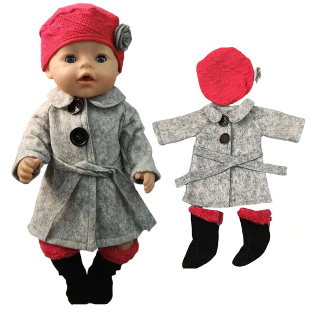 18" Doll Gray Jacket, Red Hat & Booties Set