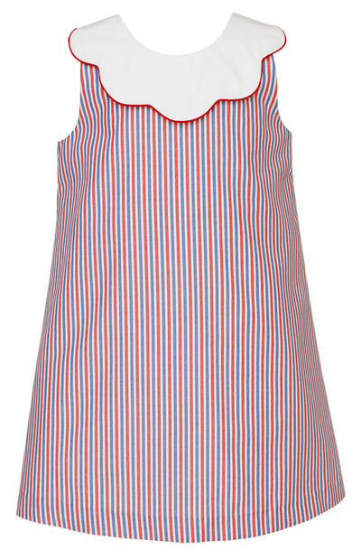 Red & Blue Stripe Scallop Shift Dress