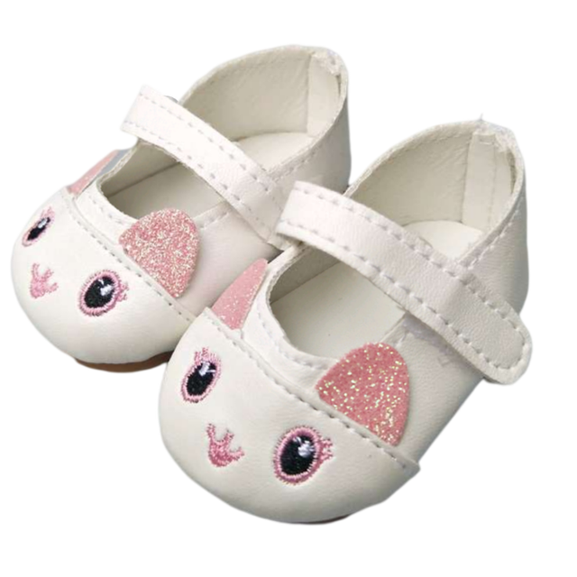 18" White Doll Kitty Face Shoes