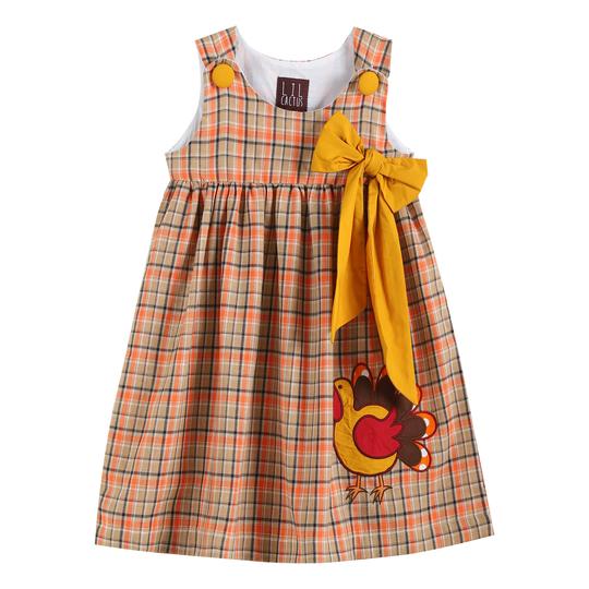 Brown/Mustard Plaid Turkey Bow Cord Dress