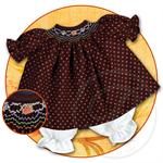 10" Doll Dress - Brown Smocked with Orange Dots