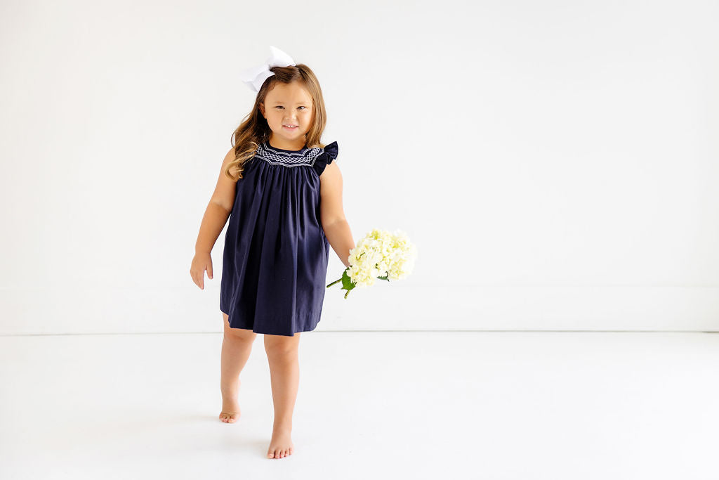 Sandy Smocked Dress - Nantucket Navy Angel Sleeve