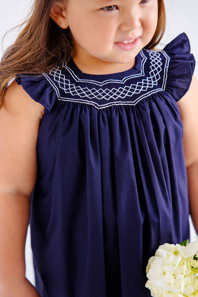 Sandy Smocked Dress - Nantucket Navy Angel Sleeve