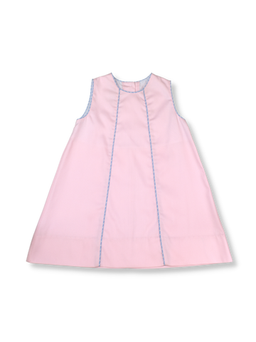 Amelia Dress -Pink Pique w/Blue Plaid Piping