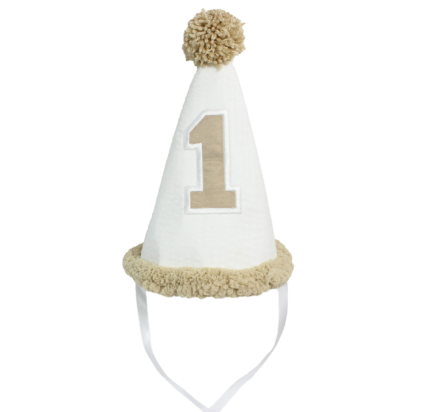 White Seersucker/Oatmeal Grosgrain Number Birthday Hat