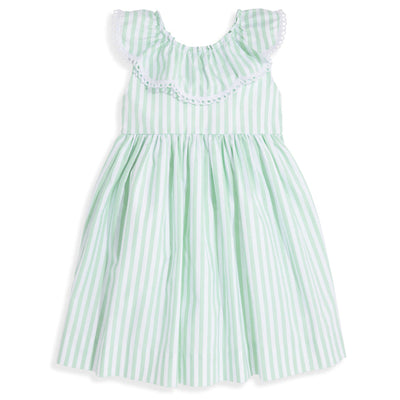 Scalloped Button Back Dress-Green Wide Oxford Stripe